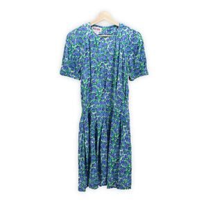 Vintage 90s Dress - Blue Floral Pleated Midi Dress - Size 10